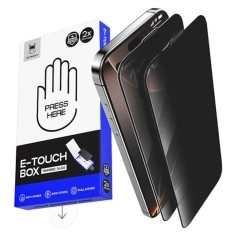 Folie Telefon Privacy iPhone 16 PRO HEYBINGO, E-Touch Box, Cu Kit de Aplicare si Functie Automata de Indepartare a Prafului - Li